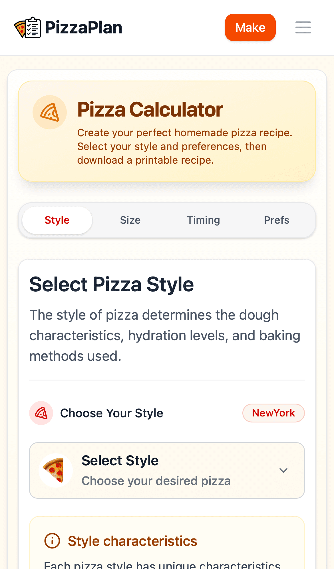 Pizza Plan mobile calculator showing recipe timing and preferences