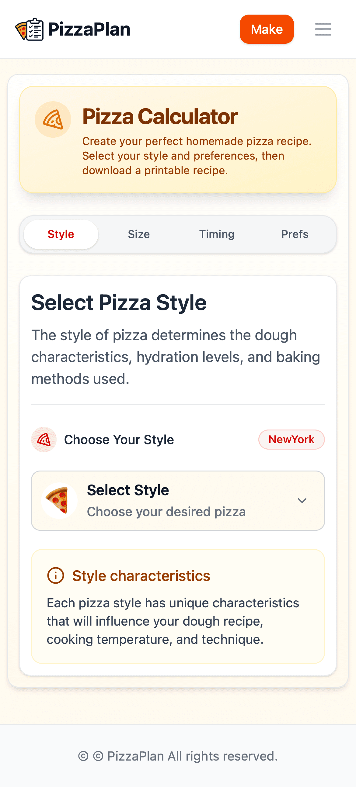 Pizza Plan mobile calculator showing pizza style selection