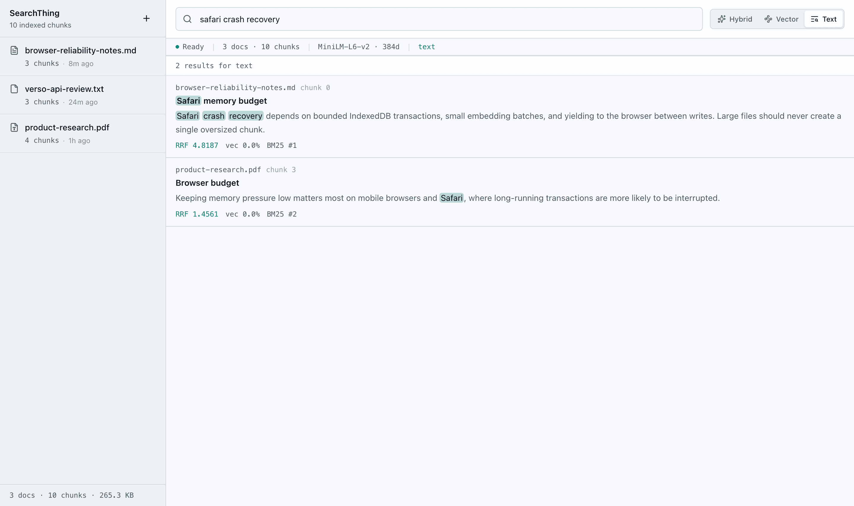 SearchThing showing a local document index and ranked results for a search query