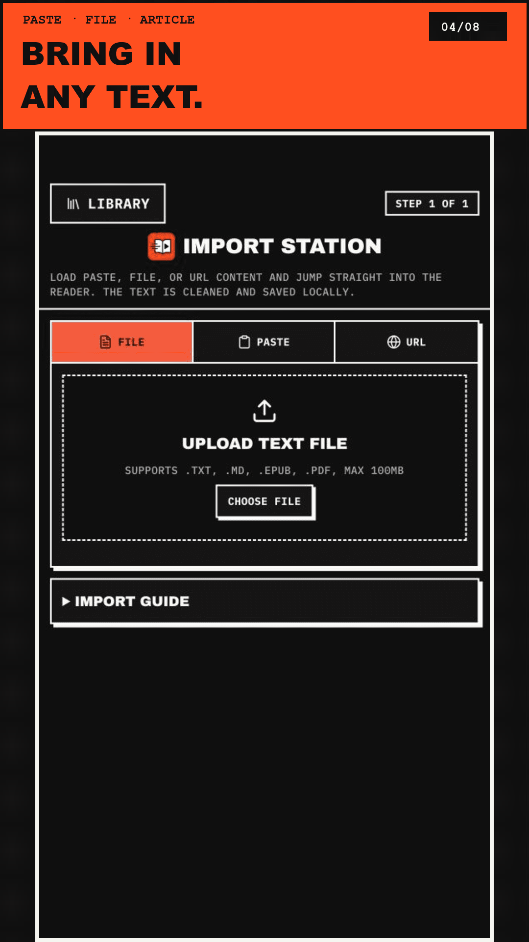 SReader screen for bringing text into a focused reading session