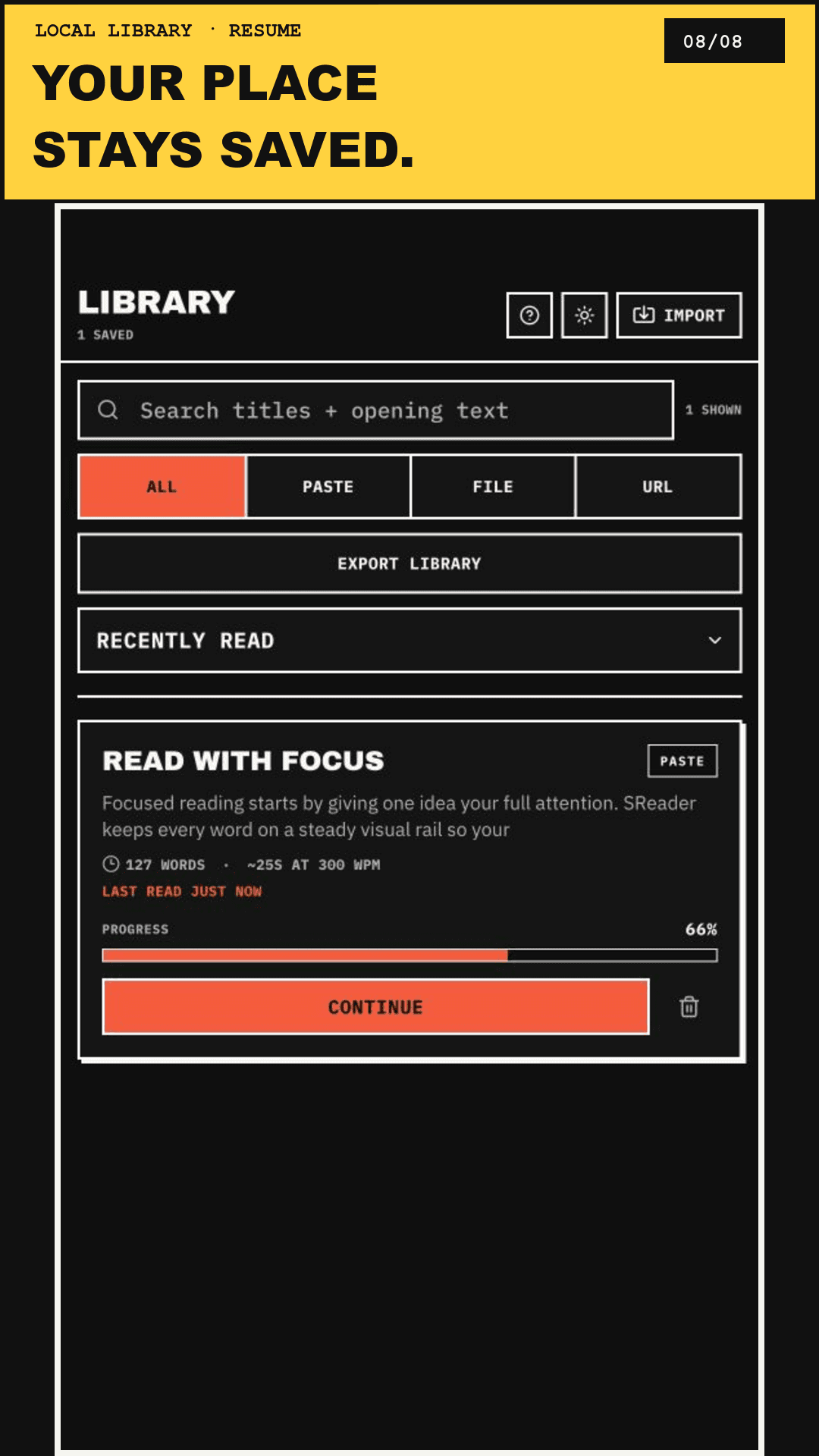 SReader showing a saved reading place and focused controls