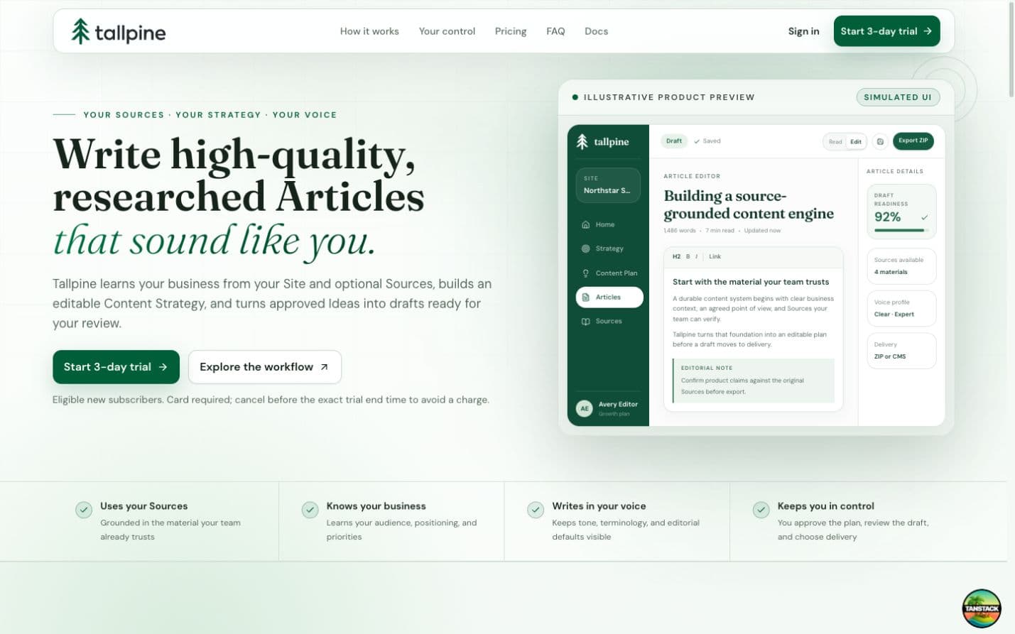 Tallpine showing an article preview ready for editorial review