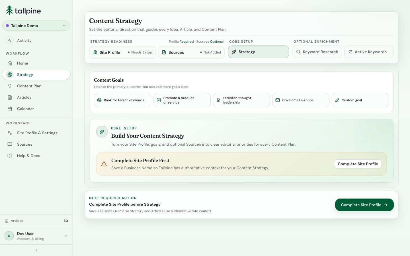 Tallpine strategy workspace showing connected editorial planning
