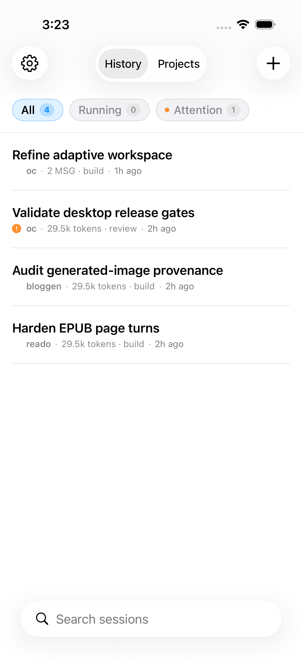 Agent Coder showing saved coding sessions with running and needs-attention filters