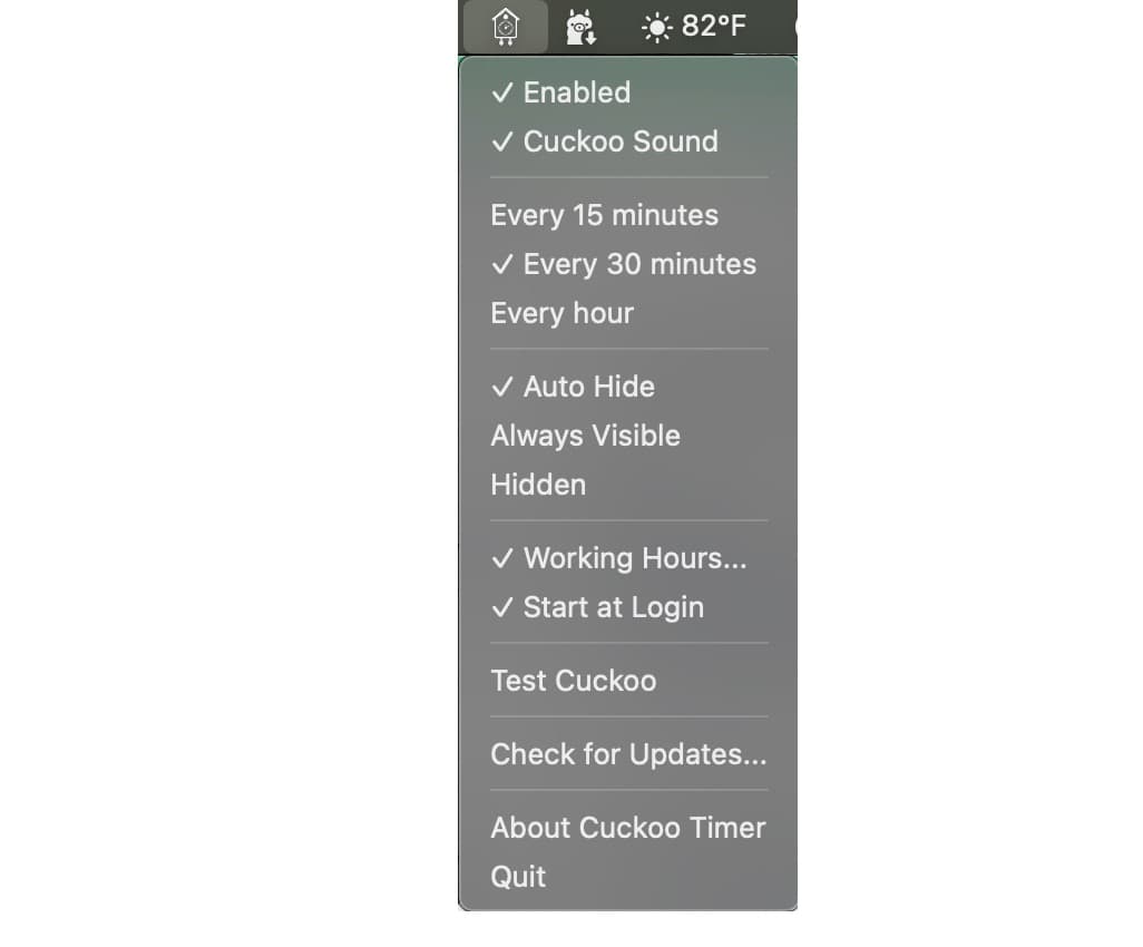 CuckooTimer menu bar dropdown showing reminder and display controls