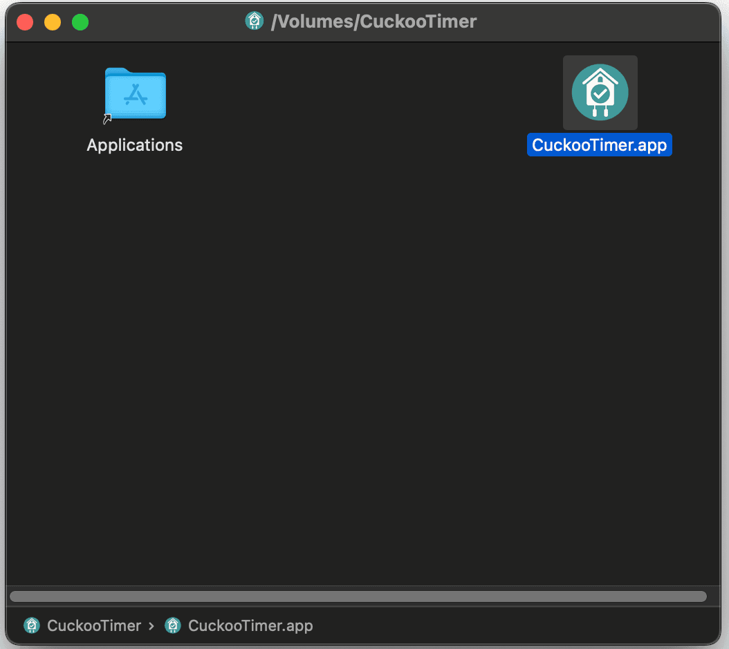 CuckooTimer installation window showing the app ready to copy to Applications