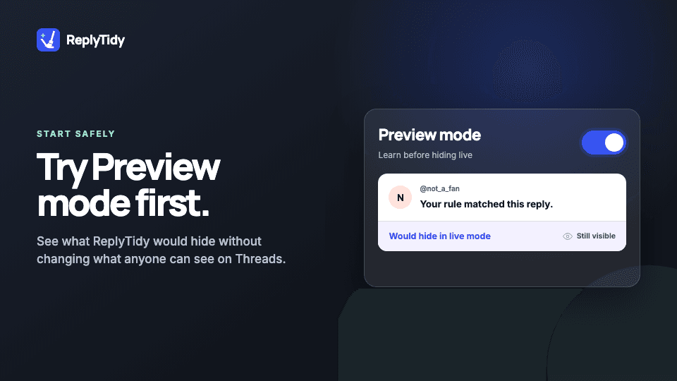 Reply Tidy preview screen showing moderation results before action
