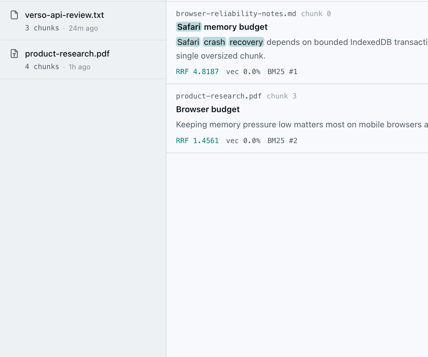 SearchThing document sidebar showing local files and indexed chunks