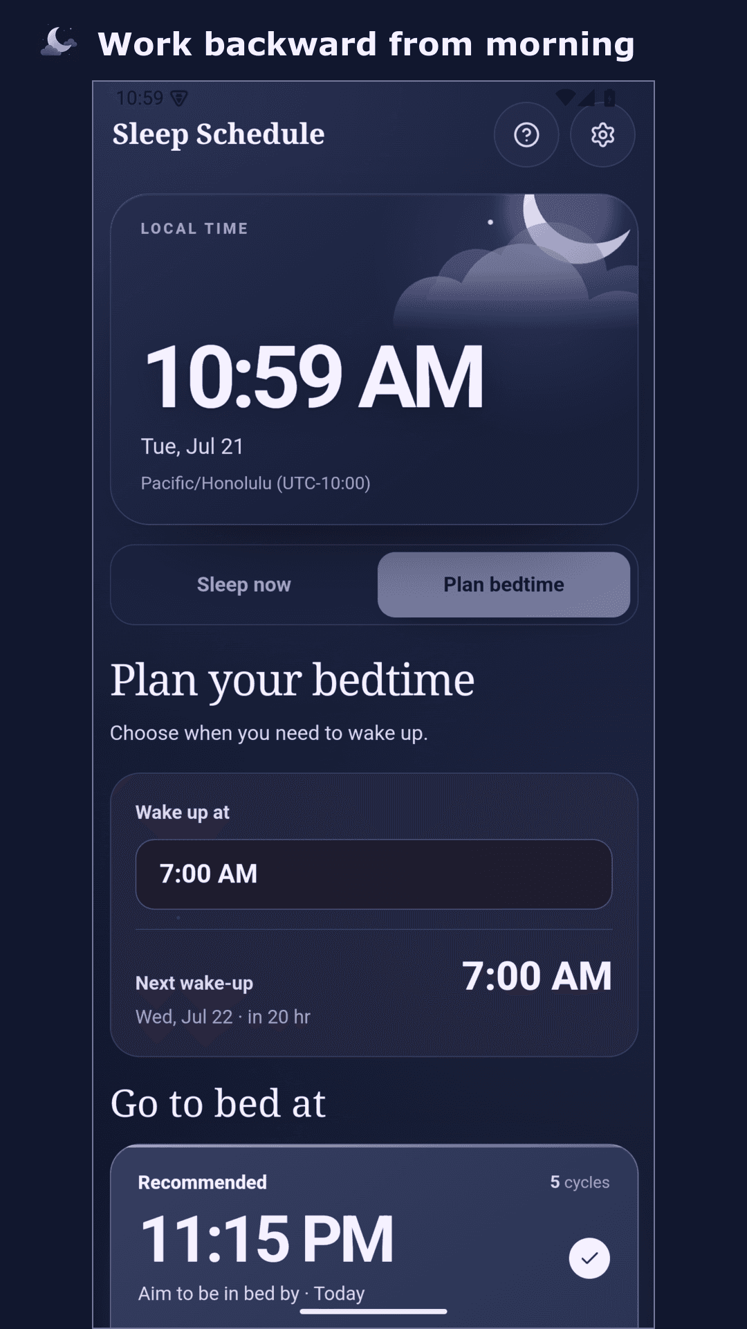 Sleep Schedule showing wake-up times based on a planned bedtime