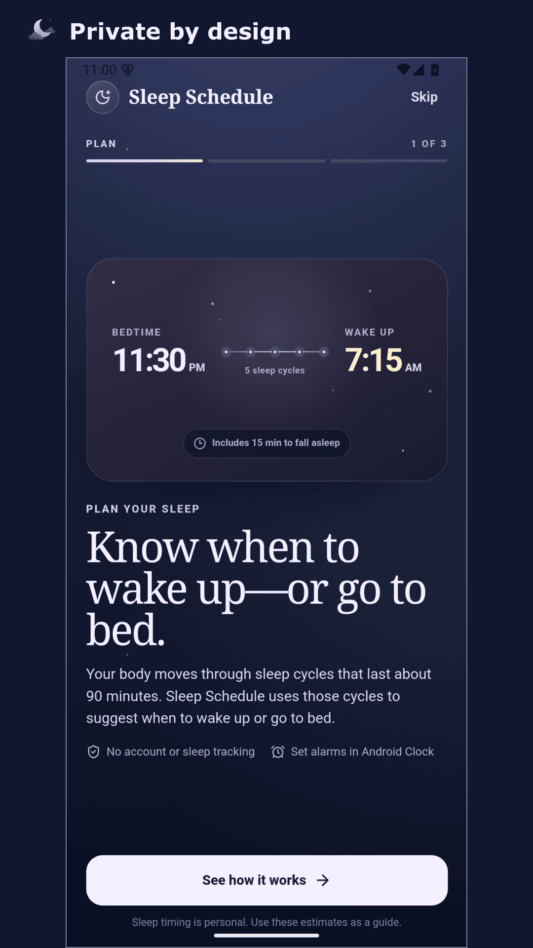 Sleep Schedule privacy screen showing local-first settings