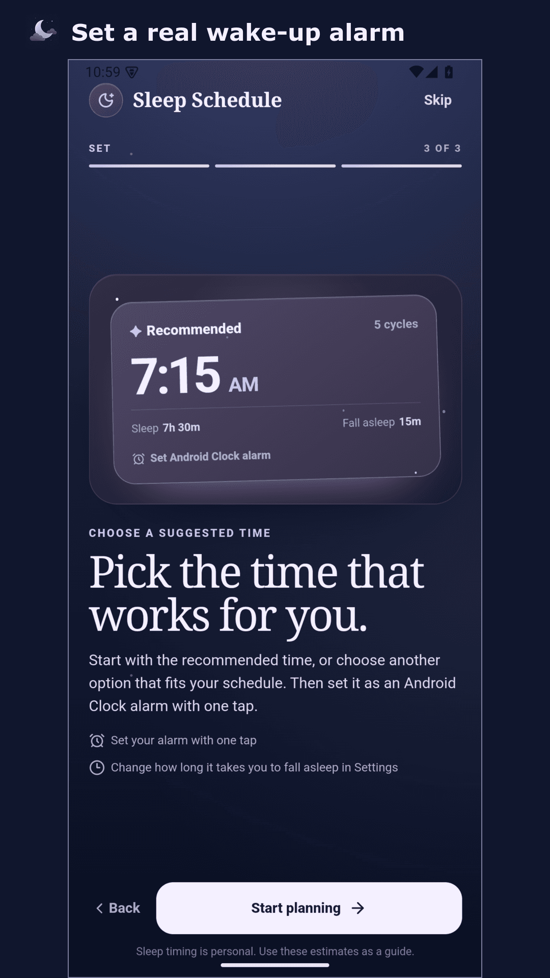 Sleep Schedule showing how to set a chosen wake-up time as an Android alarm.