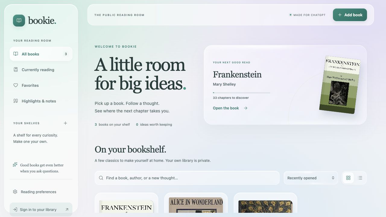 Bookie's anonymous public reading room with three Project Gutenberg classics
