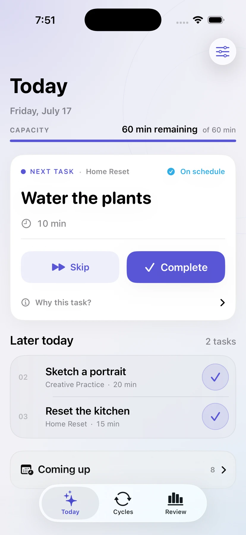 Cycles showing today’s recurring work plan and next task
