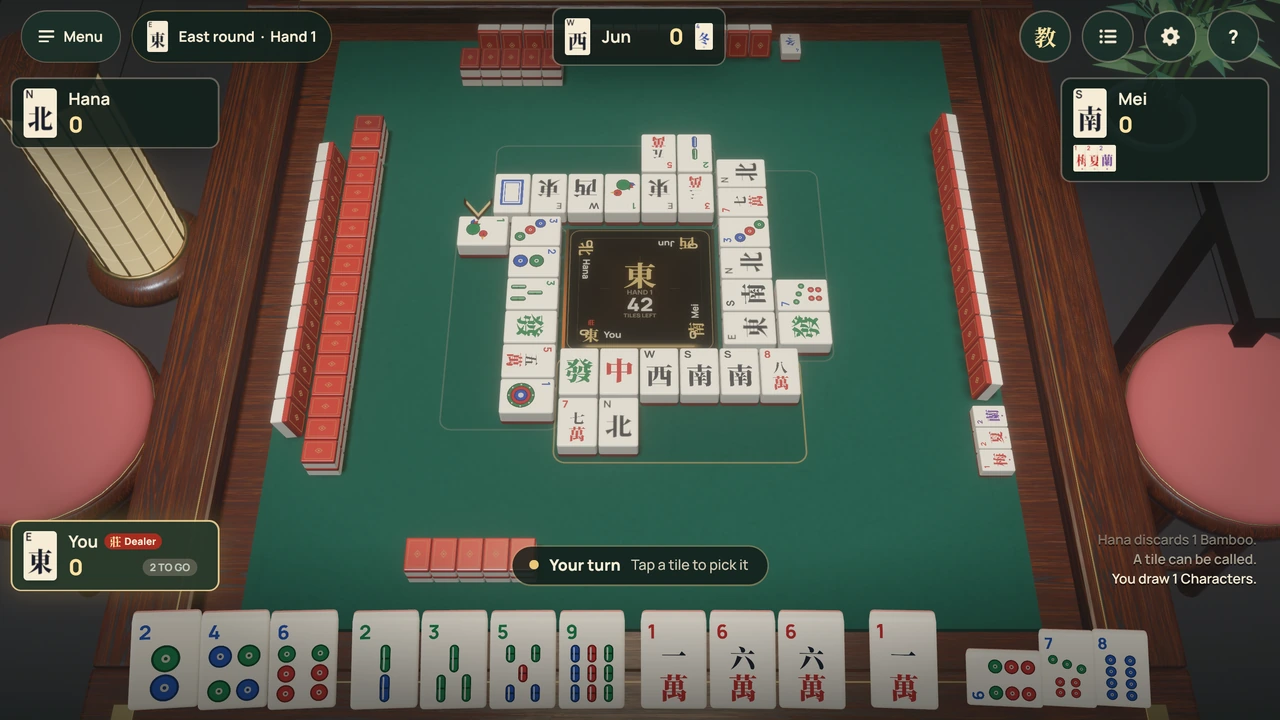 Hello Mahjong development build showing a Hong Kong table with fixture players