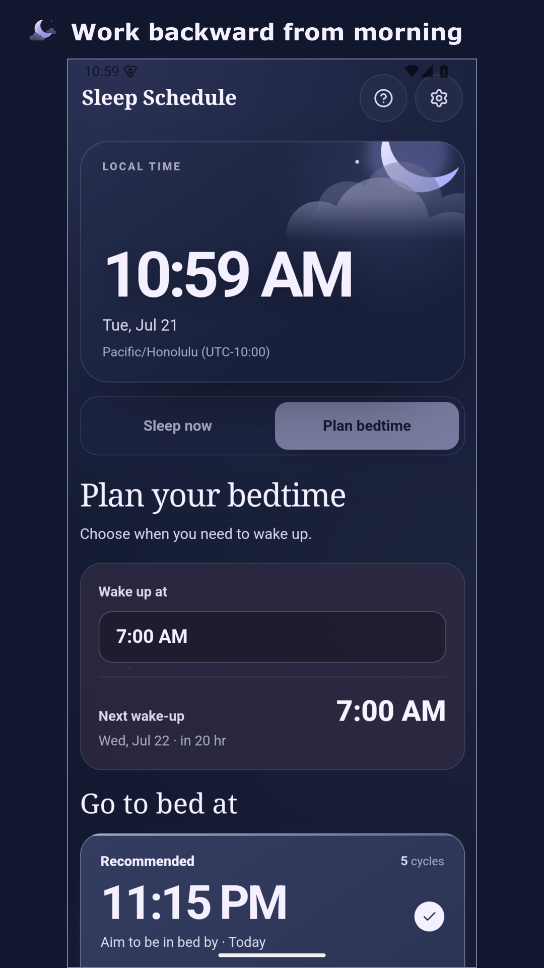 Sleep Schedule working backward from a 7:00 AM wake-up time to suggest an 11:15 PM bedtime.