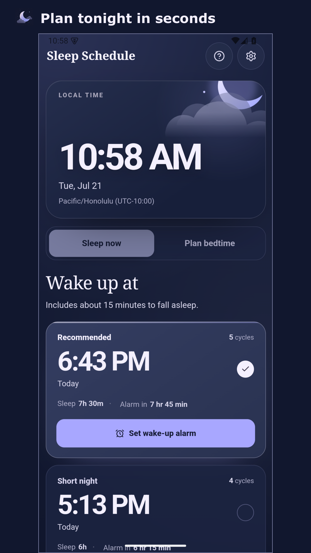Sleep Schedule showing wake-up options calculated from the current time.