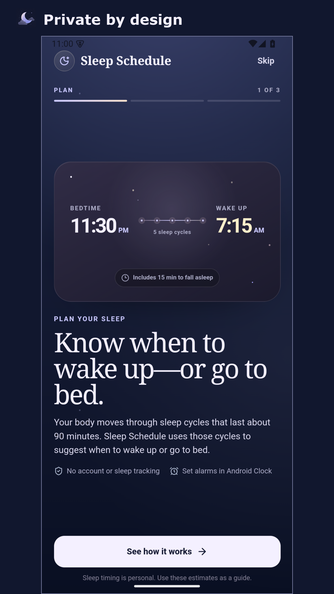 Sleep Schedule explaining its local planning and no-account design.