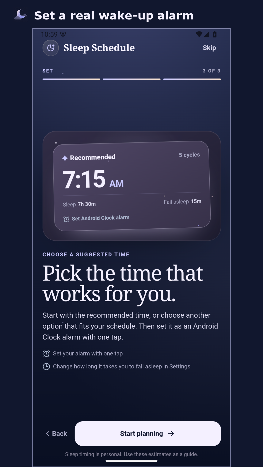 Sleep Schedule showing how to set a chosen wake-up time as an Android alarm.