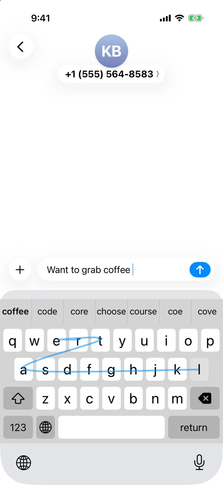 SwishKey in Messages, with a swipe trail through l, a, t, e, and r after typing Want to grab coffee